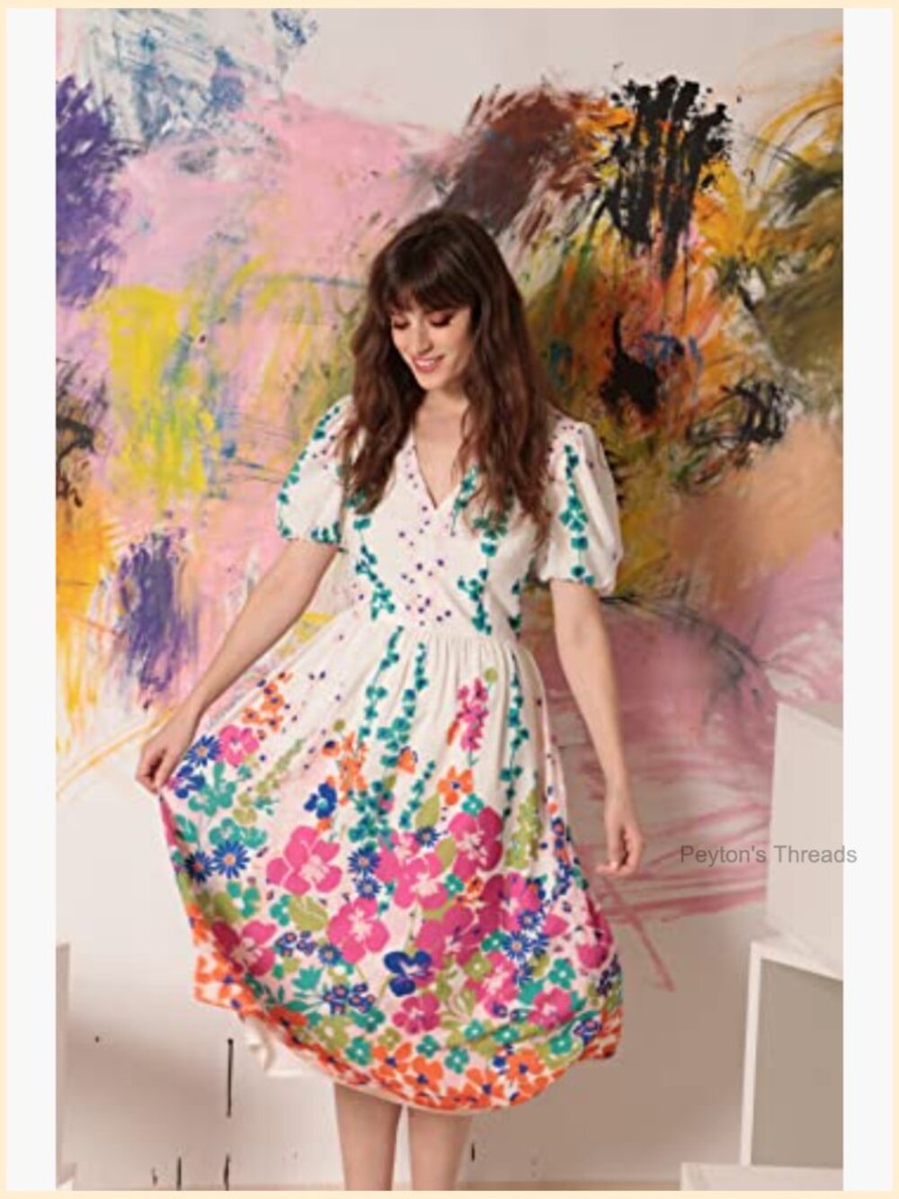 Floral Puff Sleeve V-Neck Midi Dress Sheath - Picture 2 of 5